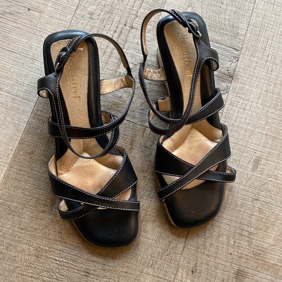 BeautiFeel Black Leather Wedge Heels Sandals Size 38 - Picture 15 of 16